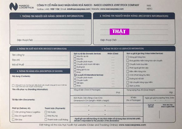 Phiếu gửi hàng của đơn vị vận chuyển Nasco Express